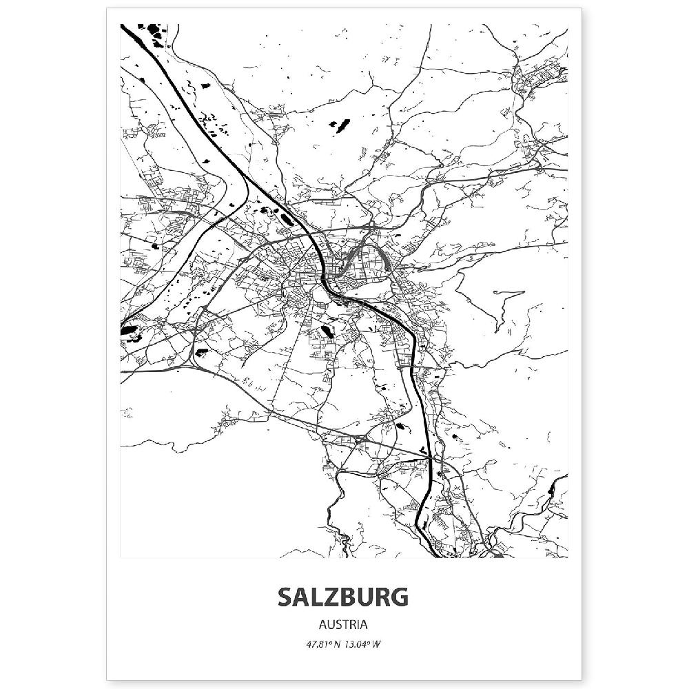 nacnic Lámina Mapa de Salzburg - Austria en Color Negro