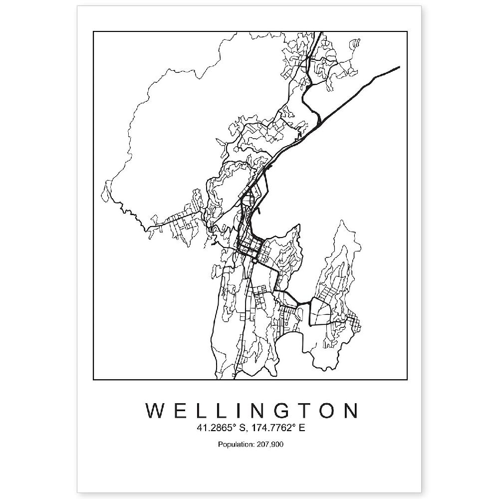 nacnic Lámina Mapa de Wellington Estilo Nórdico en Blanco y Negro