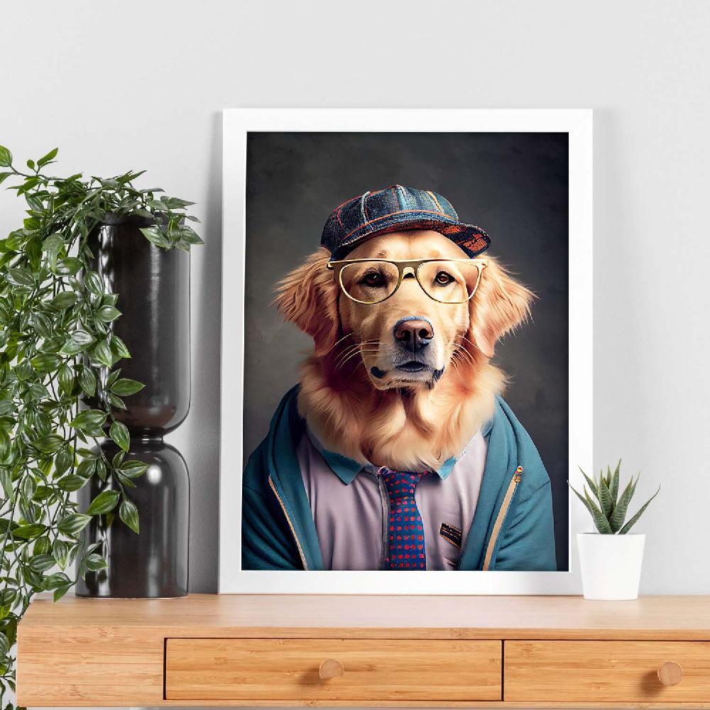 Nacnic Lámina Nacnic De Golden Retriever Sociable En Fotografía Colorida Con Ropa Humana