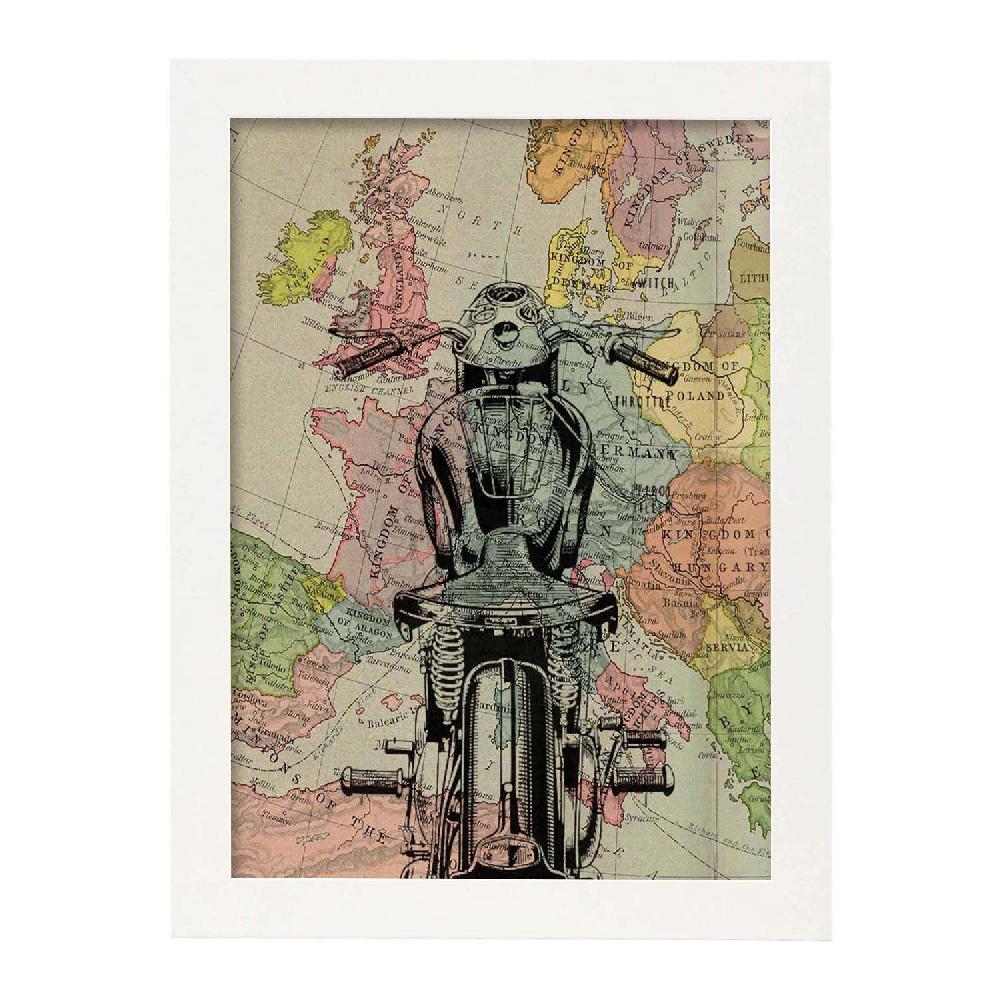 Nacnic Lámina Vintage De Moto En Francia Con Mapas Del Mundo