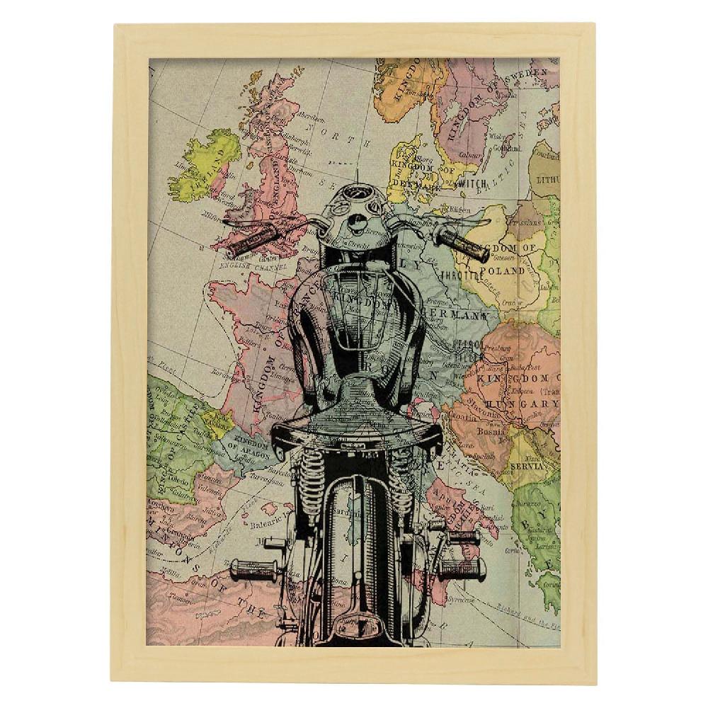 Nacnic Lámina Vintage De Moto En Francia Con Mapas Del Mundo