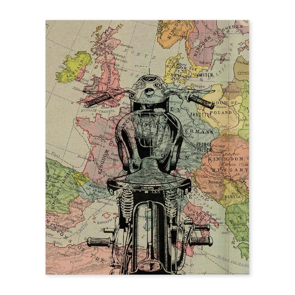 nacnic Lámina Vintage de Moto en Francia con Mapas del Mundo