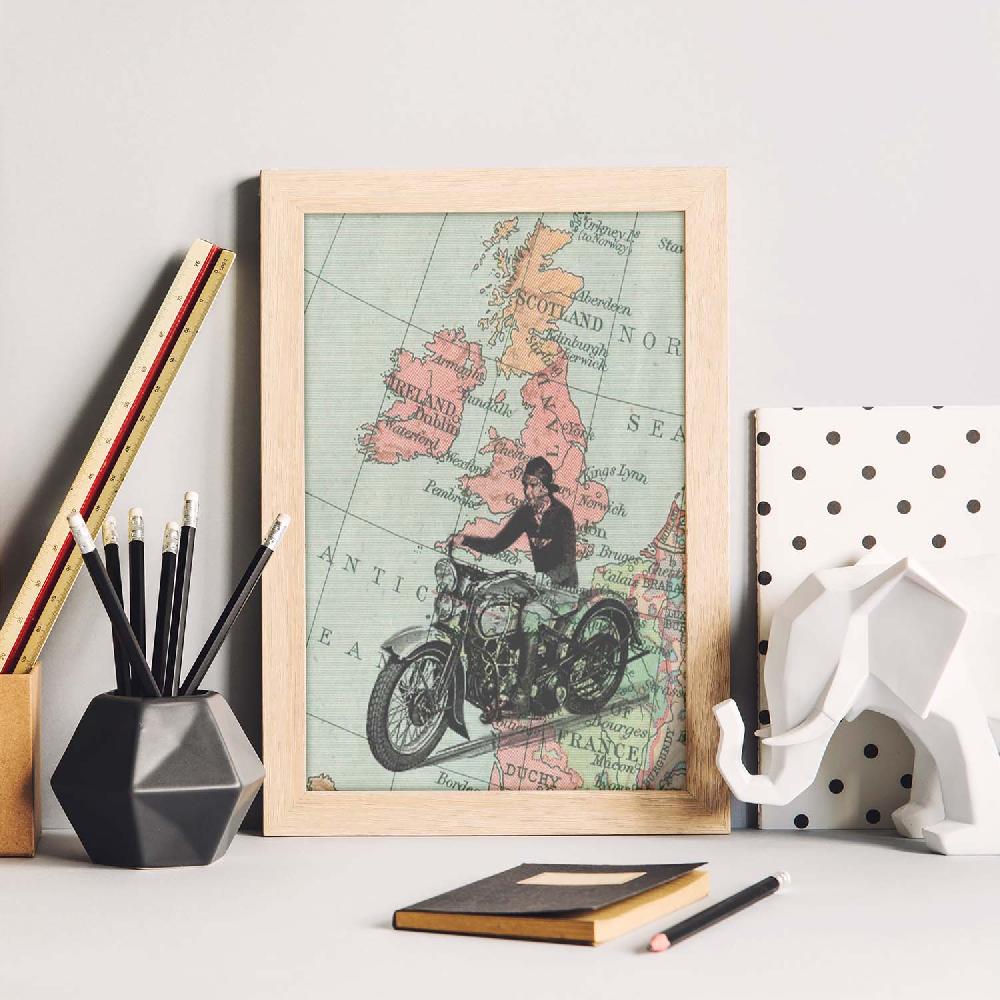 Nacnic Lámina Vintage De Moto En Inglaterra Con Mapas Del Mundo