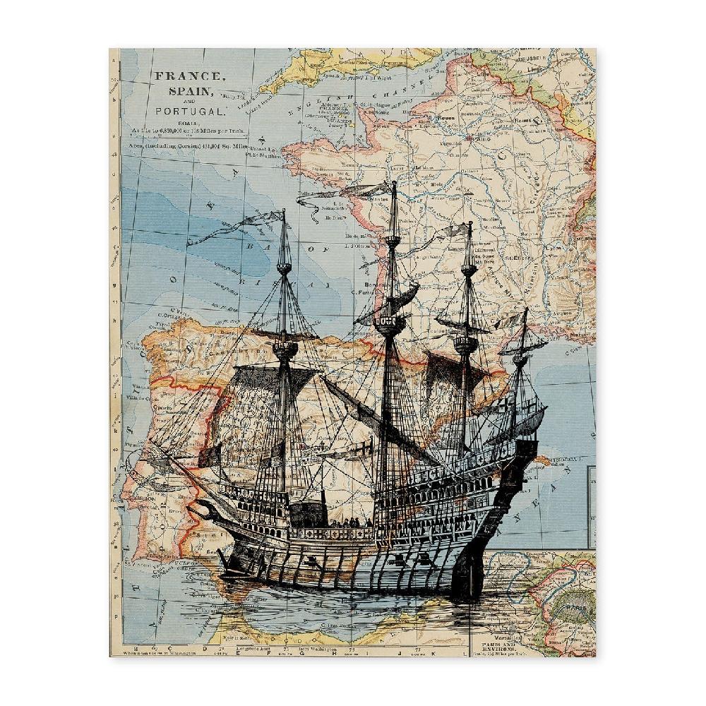 nacnic Lámina Vintage de Objetos sobre Mapas Mediterráneo