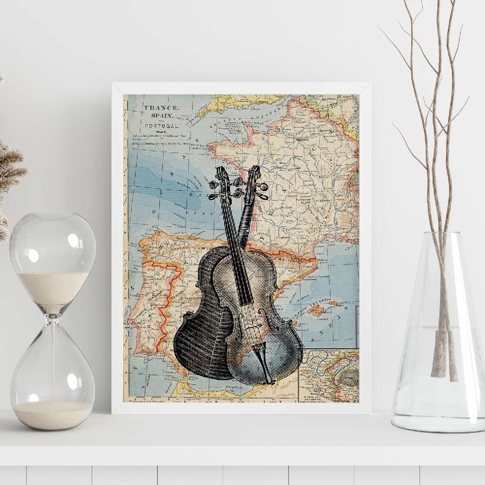 Nacnic Lámina Vintage De Violín Sobre Mapa De Europa