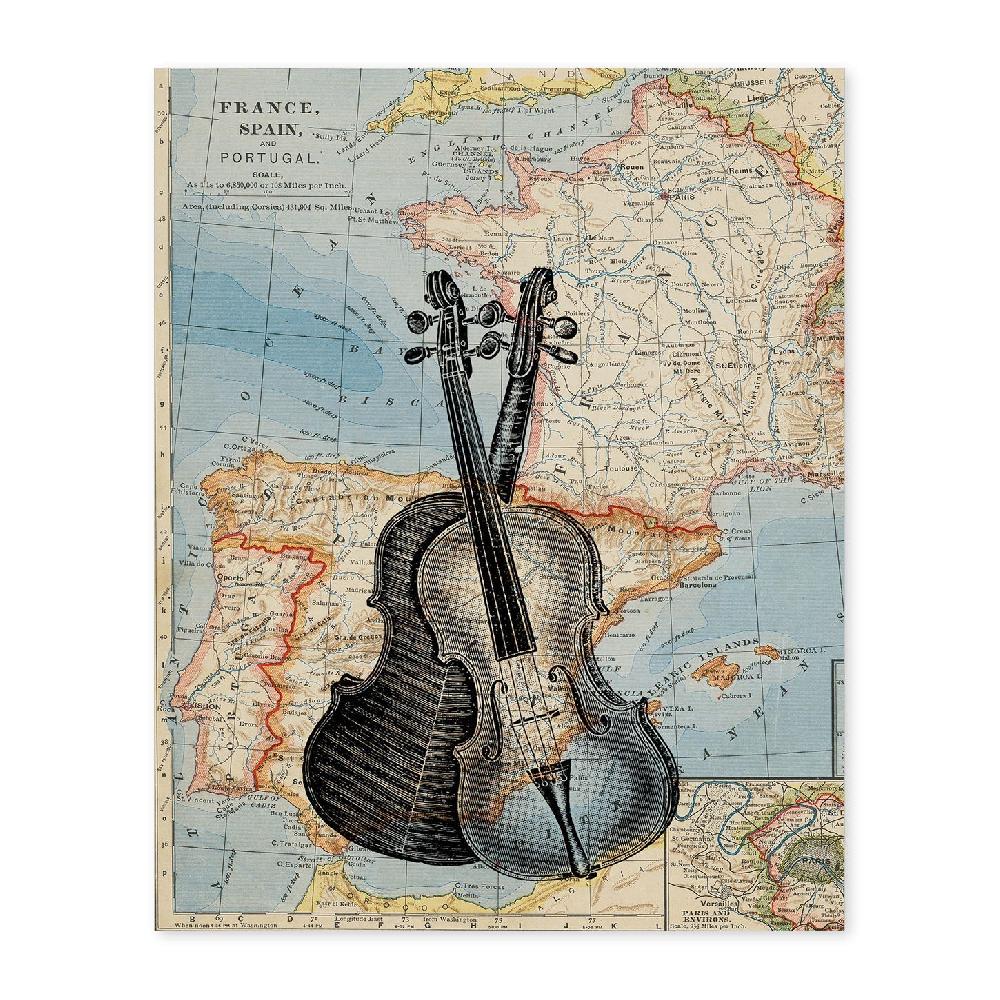 nacnic Lámina vintage de violín sobre mapa de Europa