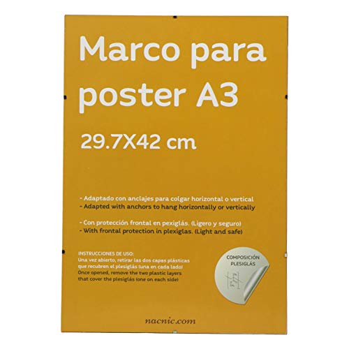 nacnic Marco Transparente de Clip Soporte Transparente para Fotos Posters Diplomas Dibujos o láminas. Tamaño A3 (29.7x42 cm). Marco Clip Transparente con plexiglas y Anclajes para Colgar