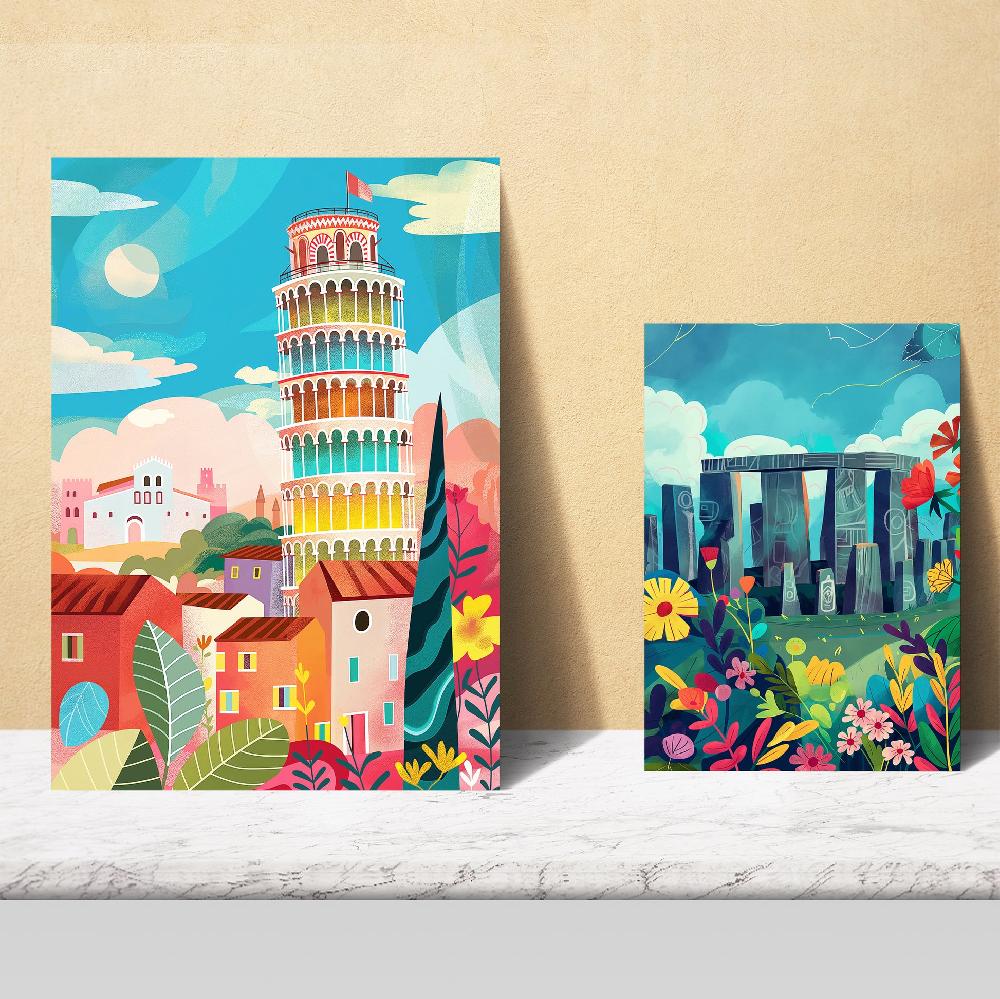 Nacnic Monuments Inspired By Mary Blair. Eiffel Coliseo Pisa Golgen Gate Stonehenge Empire State