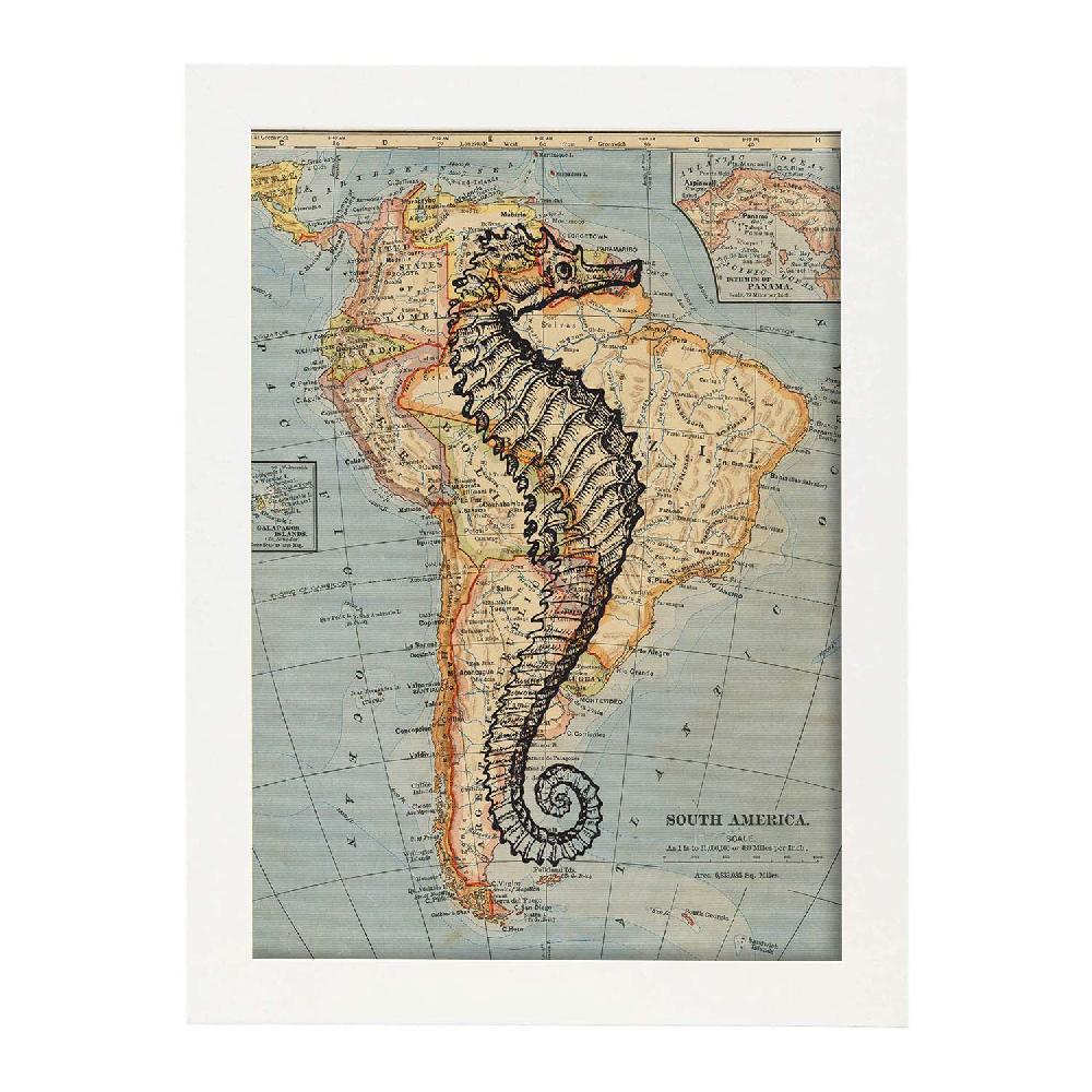 Nacnic Lámina De Caballito De Mar En Mapa Vintage
