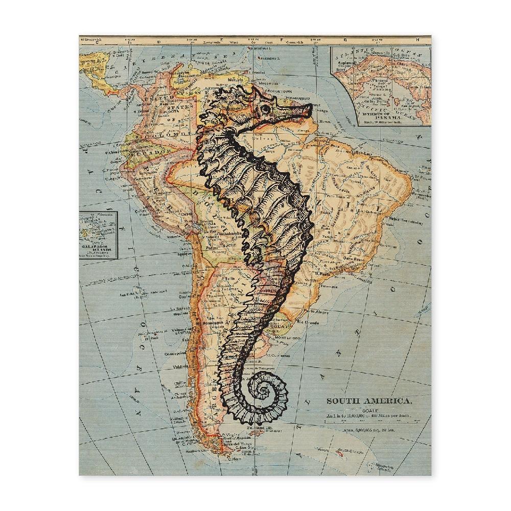 nacnic Lámina de Caballito de Mar en Mapa Vintage