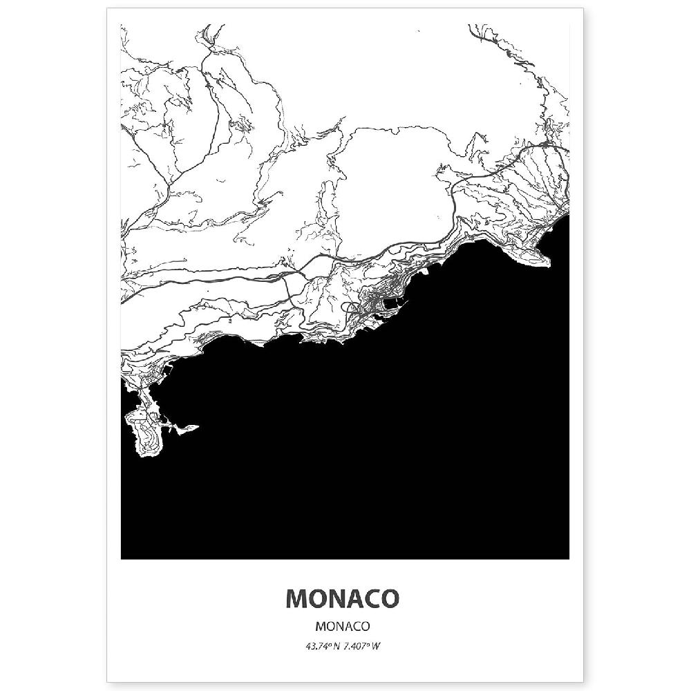 nacnic Lámina de Mapa de Monaco en Color Negro