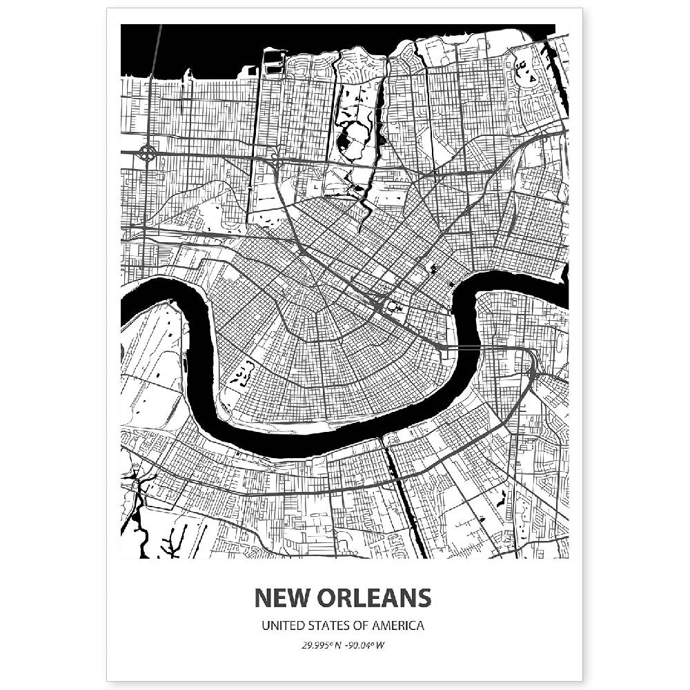 nacnic Lámina de Mapa de New Orleans en Negro