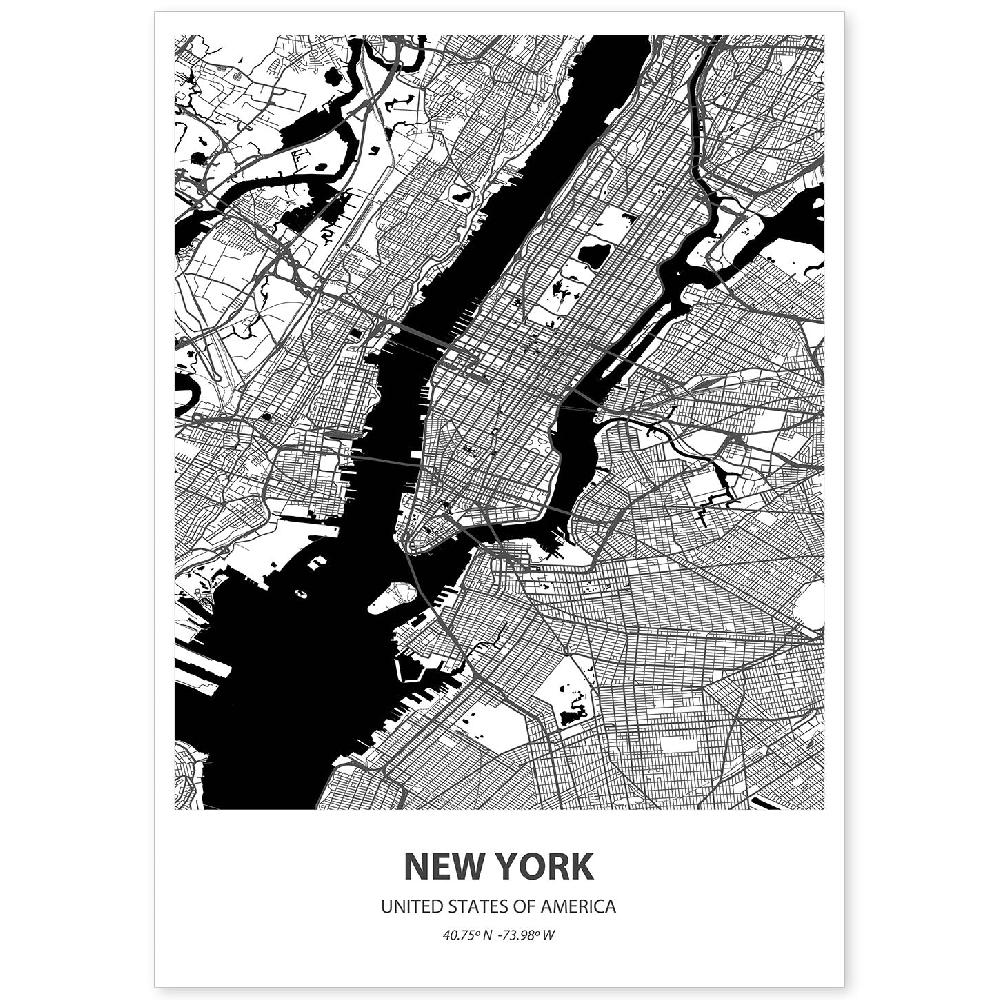 nacnic Lámina de mapa de New York en color negro