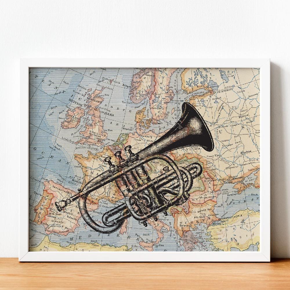 nacnic Lámina de Trompeta y Mapa Vintage de Europa