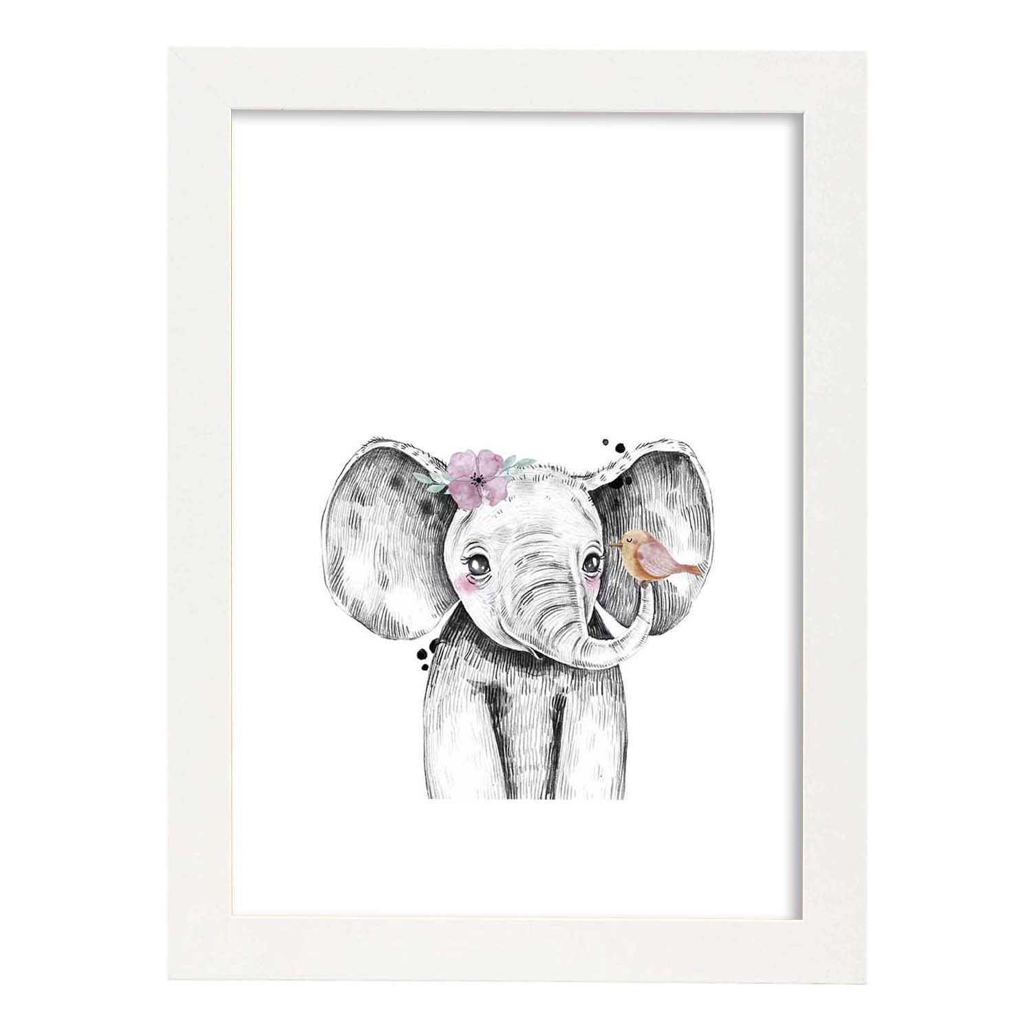 Nacnic Lámina Infantil Elefante Con Flor Y Pájaro