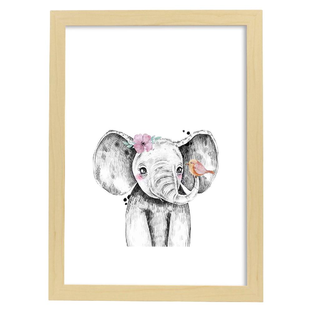 Nacnic Lámina Infantil Elefante Con Flor Y Pájaro