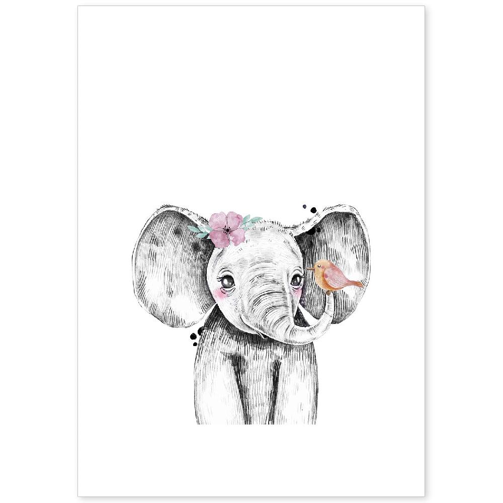 nacnic Lámina Infantil Elefante con Flor y Pájaro