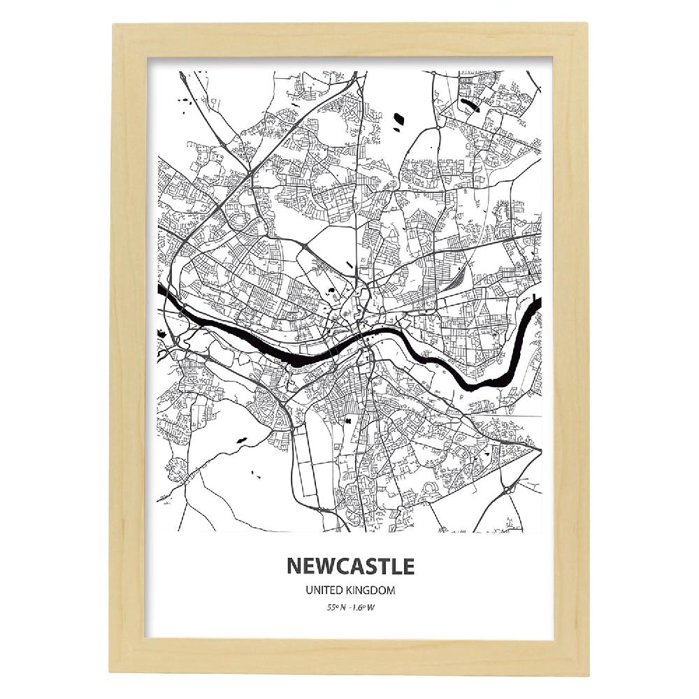 Nacnic Lámina Mapa De NewCastle En Negro