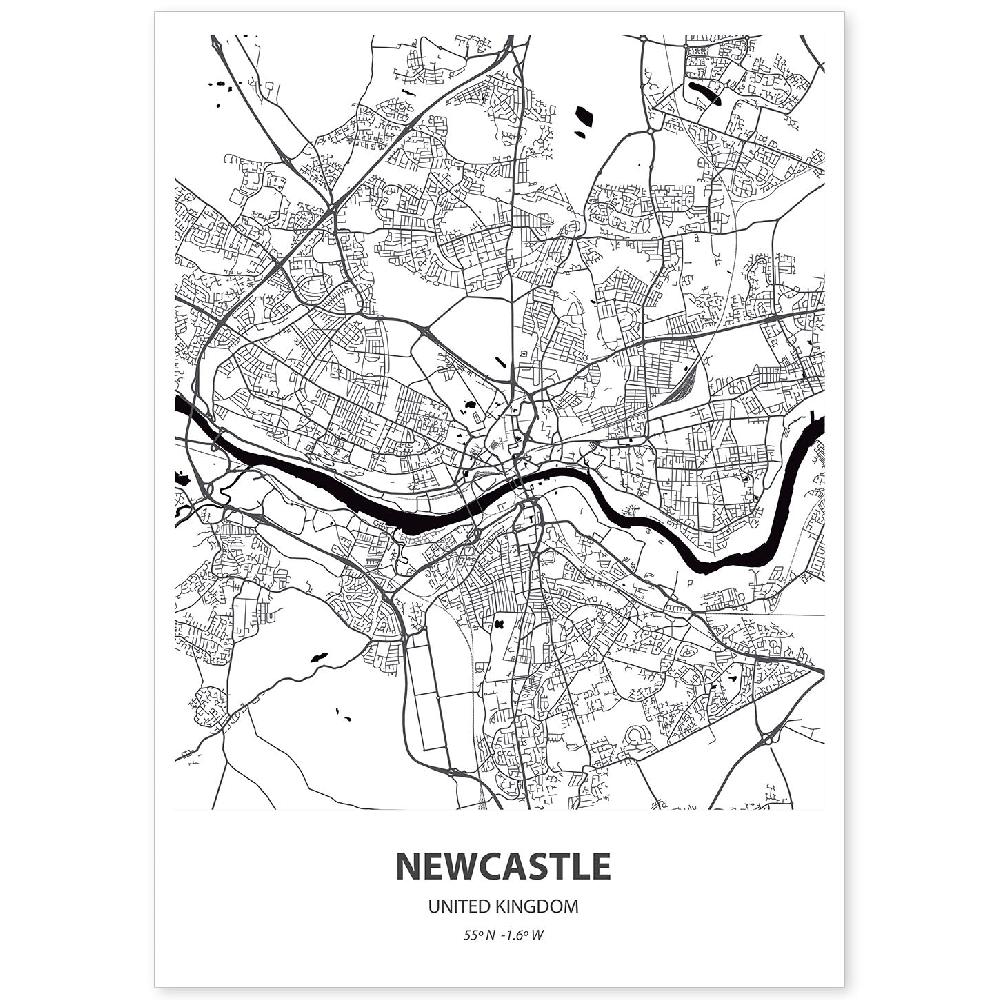 nacnic Lámina Mapa de NewCastle en Negro