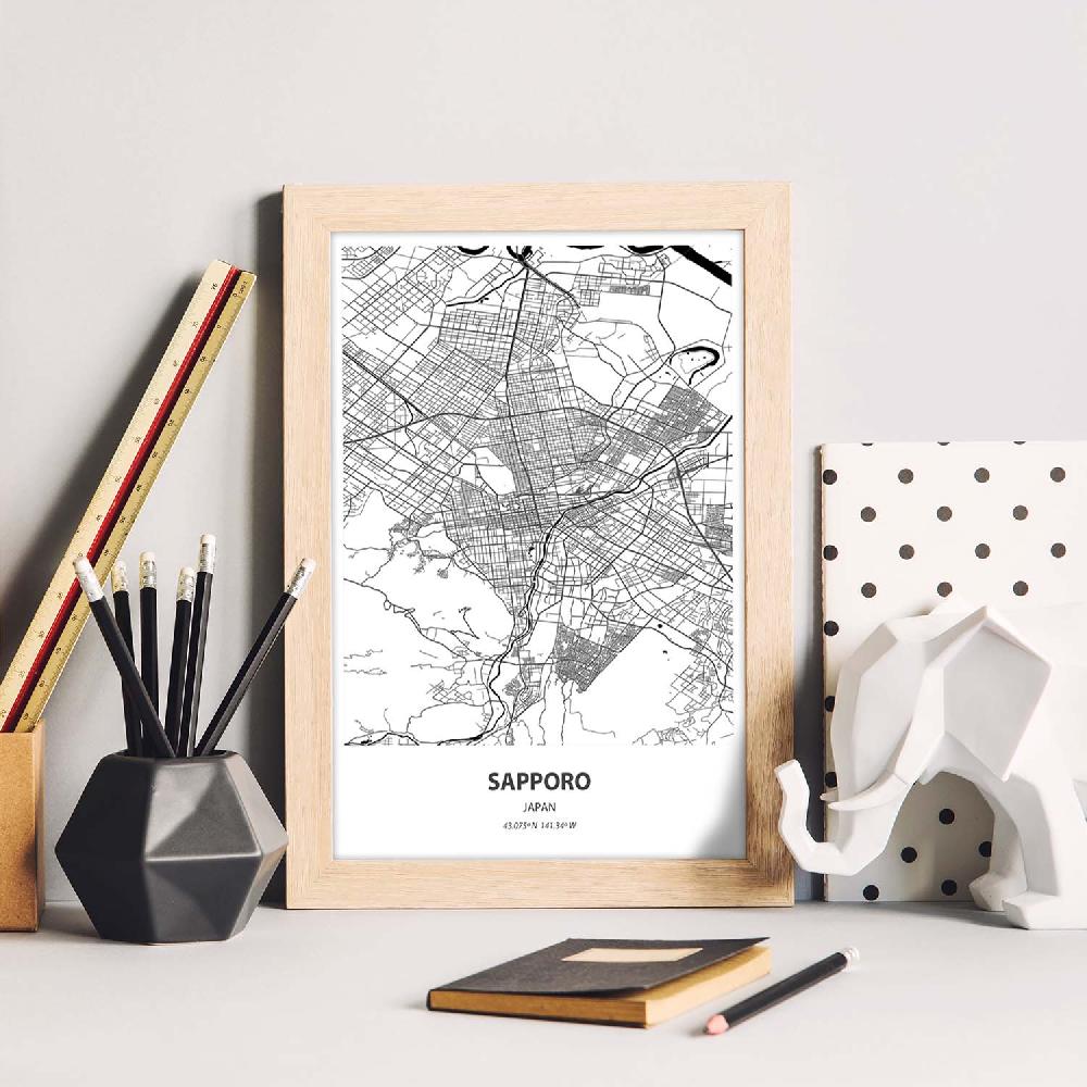 Nacnic Lámina Mapa De Sapporo - Japon En Negro