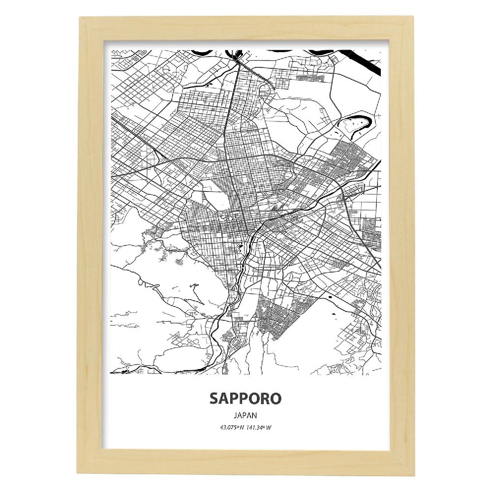Nacnic Lámina Mapa De Sapporo - Japon En Negro