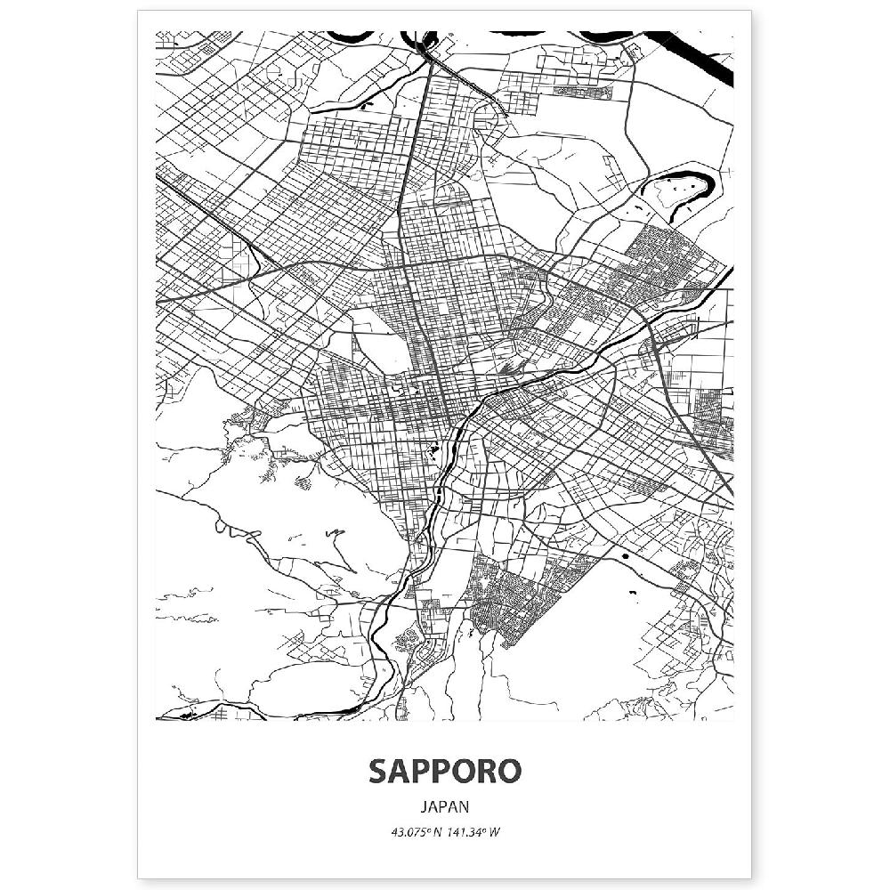 nacnic Lámina Mapa de Sapporo - Japon en Negro
