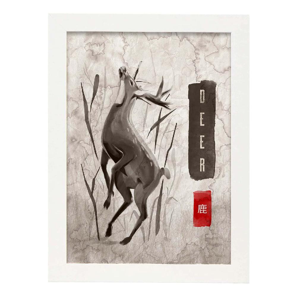 Nacnic Lámina Sumi-E De Ciervo Vintage En Grises