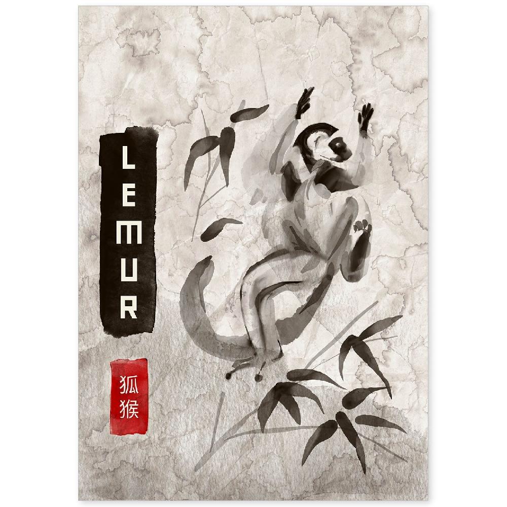 nacnic Lámina Sumi-E de Lemur en Tonos Grises