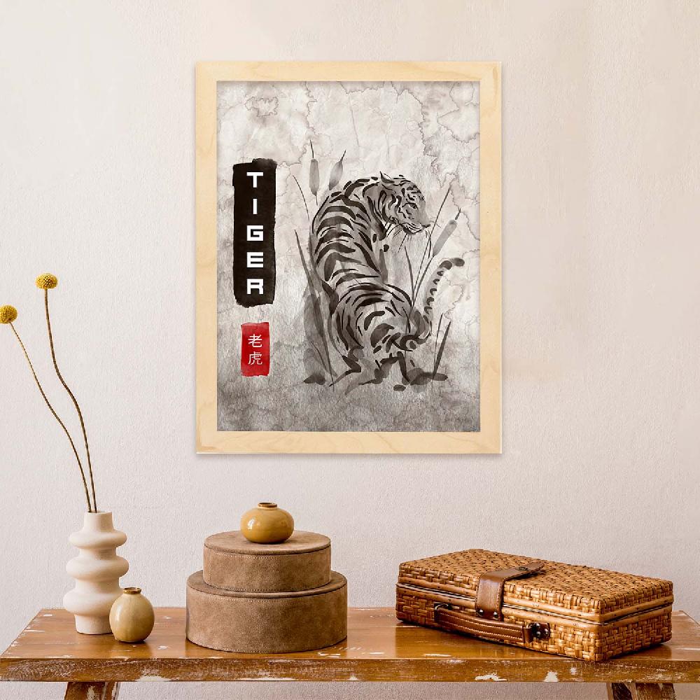 Nacnic Lámina Sumi-E De Tigre Vintage En Grises