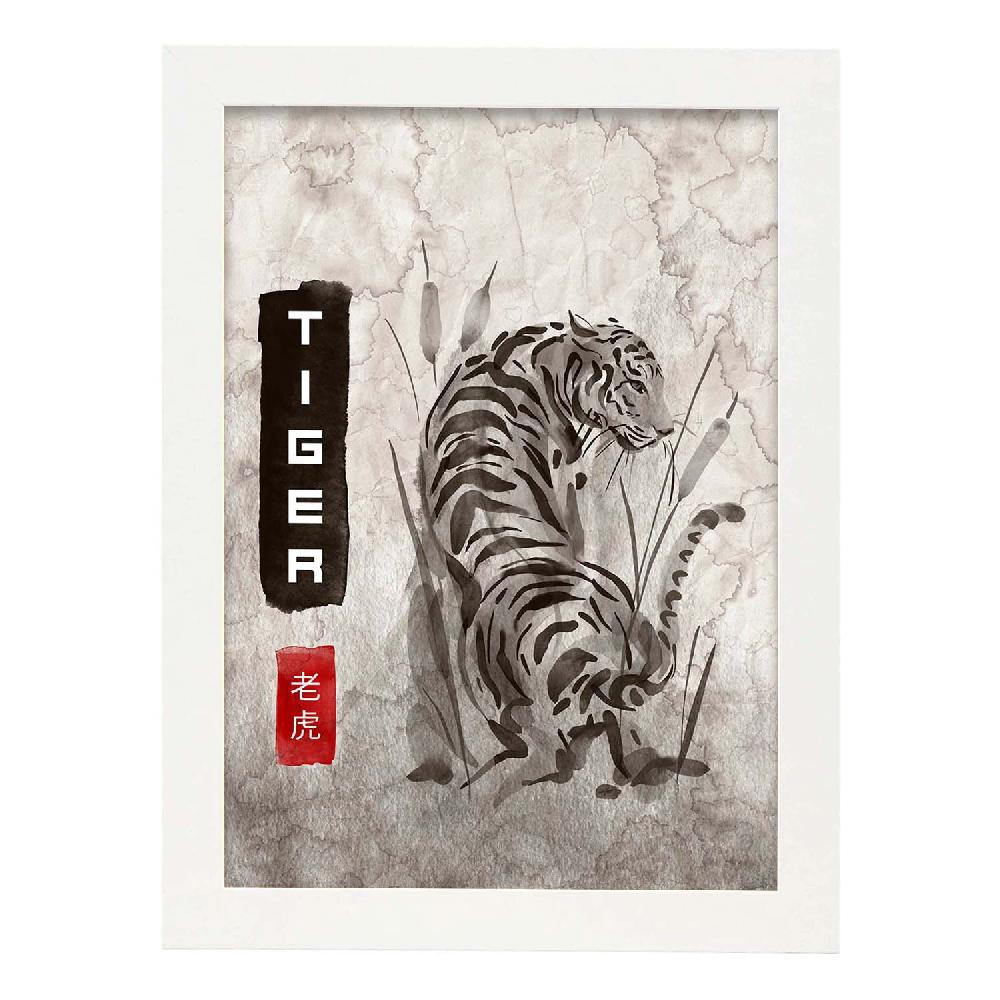 Nacnic Lámina Sumi-E De Tigre Vintage En Grises
