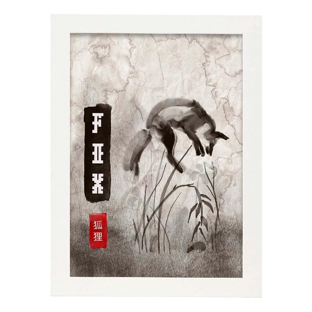 Nacnic Lámina Sumi-E De Zorro Vintage En Grises