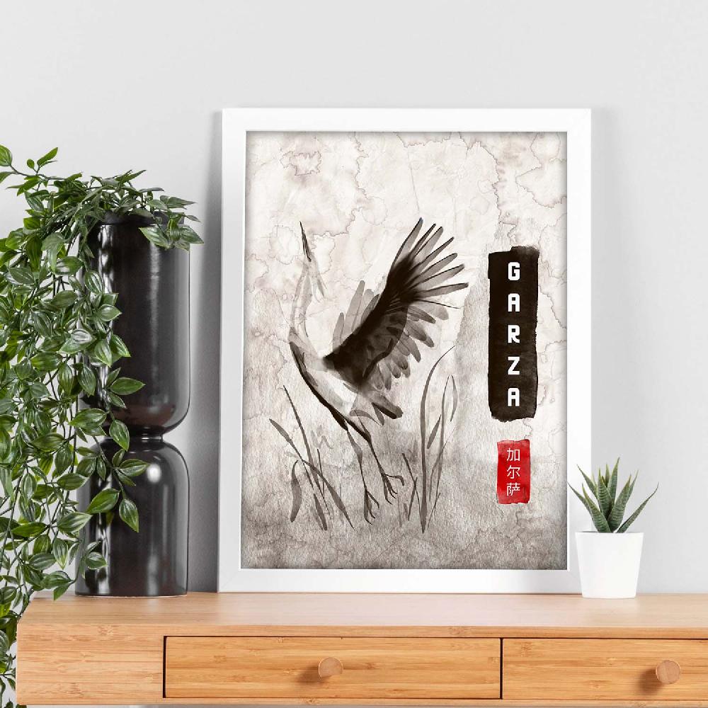 Nacnic Lámina Sumi-E Garza Vintage En Grises