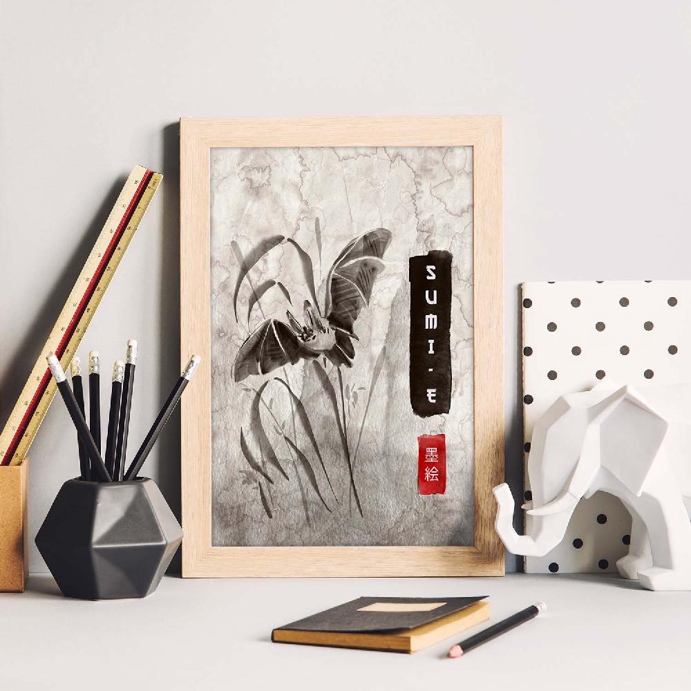 Nacnic Lámina Sumi-E Murcielago Vintage En Grises