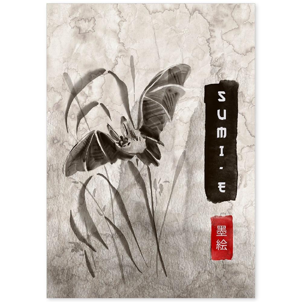 nacnic Lámina Sumi-E Murcielago Vintage en Grises