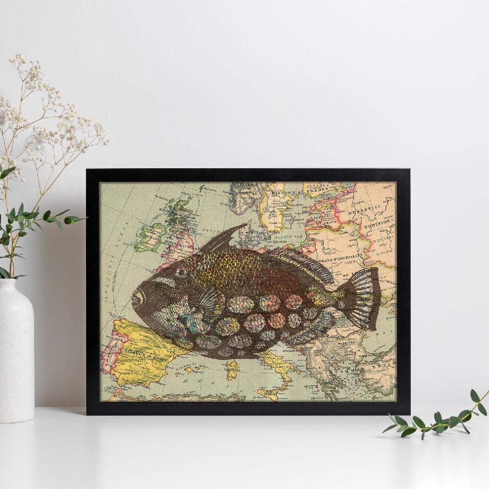 nacnic Lámina Vintage de Mapa con Pez en Europa