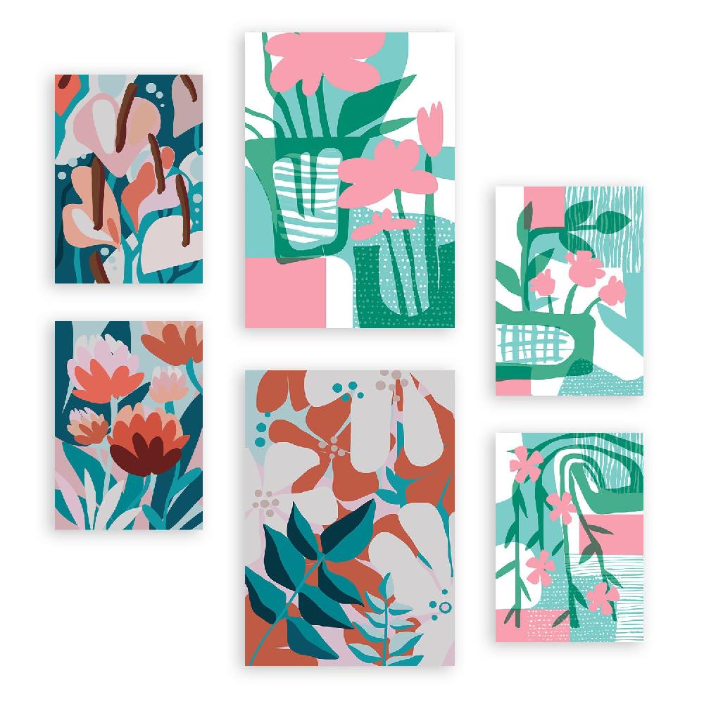 nacnic Nacnic Set de 6 Láminas de Flores Abstractas en Verdes Rosados