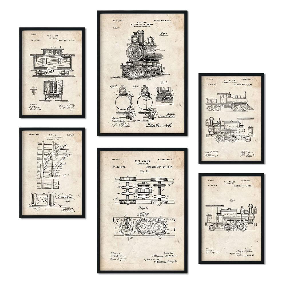 nacnic Set de 6 Láminas de Patentes de Tren Retro