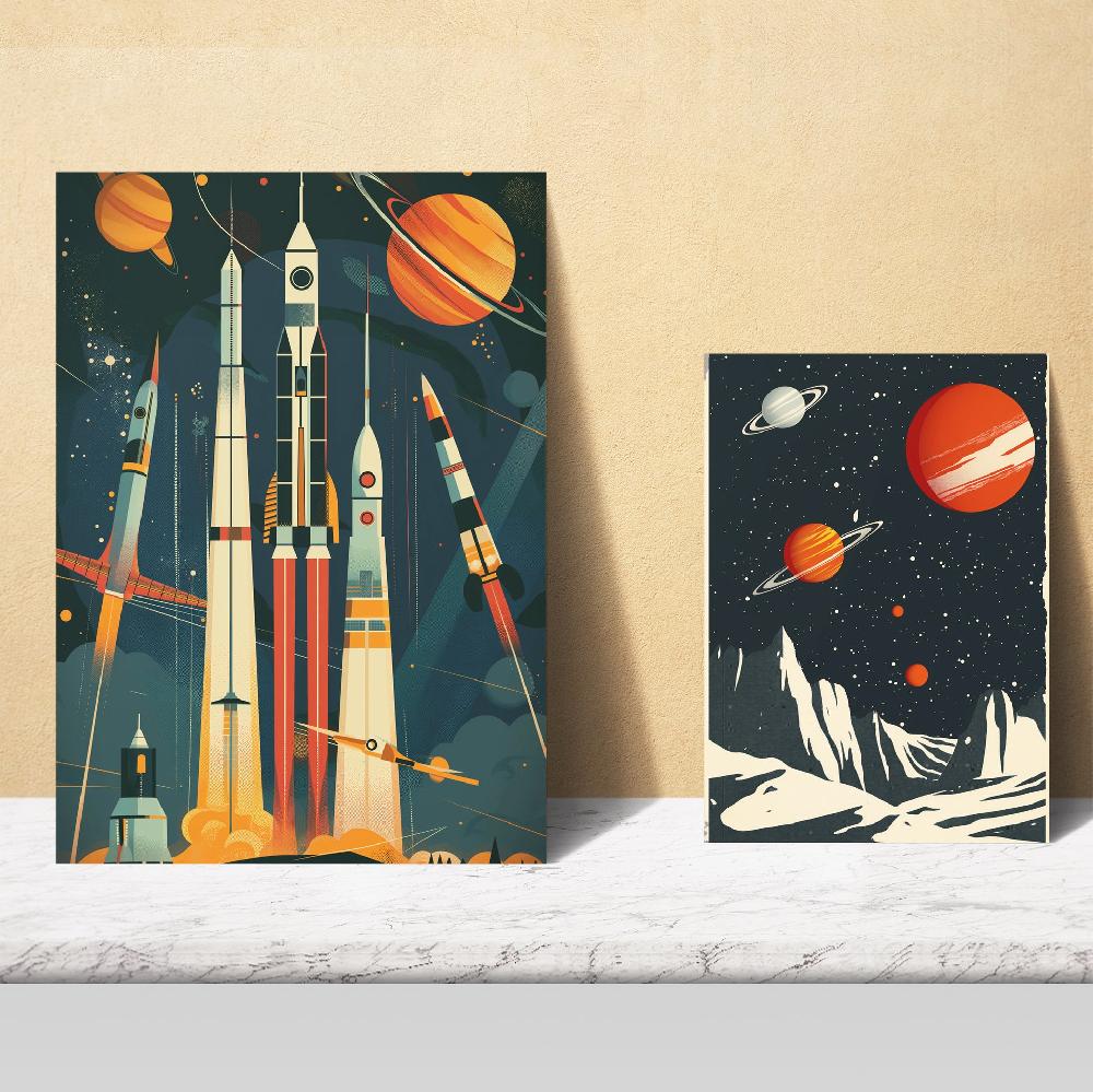 Nacnic Nave Espacial Cohete Planetas Vintage Tonos Rojos Y Azules