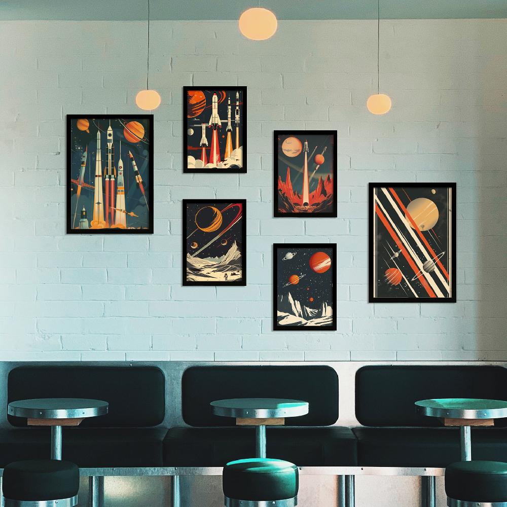 nacnic Nave espacial cohete planetas vintage tonos rojos y azules