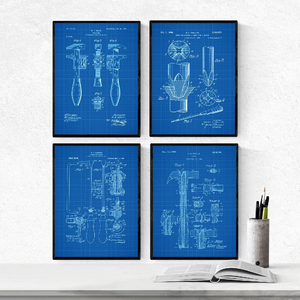 nacnic Pack de 4 Láminas Azul con Patentes de Herramientas Antiguas