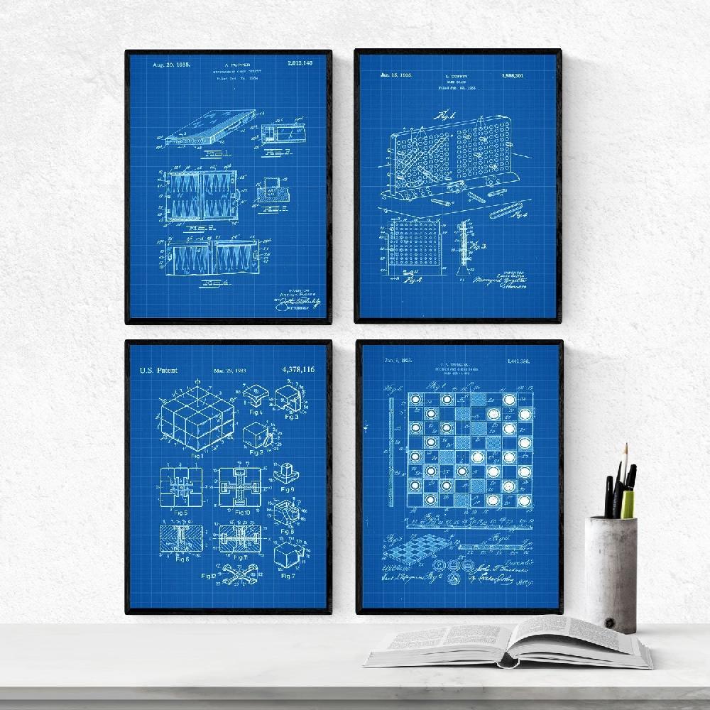 nacnic Pack de 4 Láminas Azul con Patentes de Juegos de Mesa Antiguas