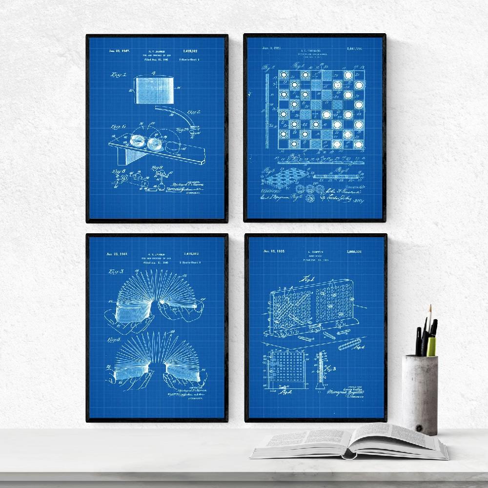 nacnic Pack de 4 Láminas Azul con Patentes de Juegos Infantiles Antiguas