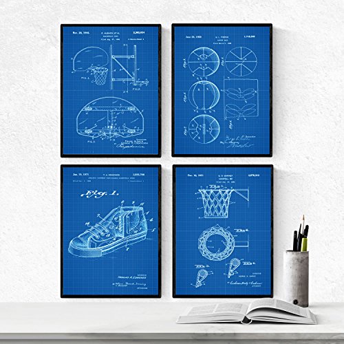 nacnic Pack de 4 láminas AZUL de Patentes de Baloncesto Nacnic