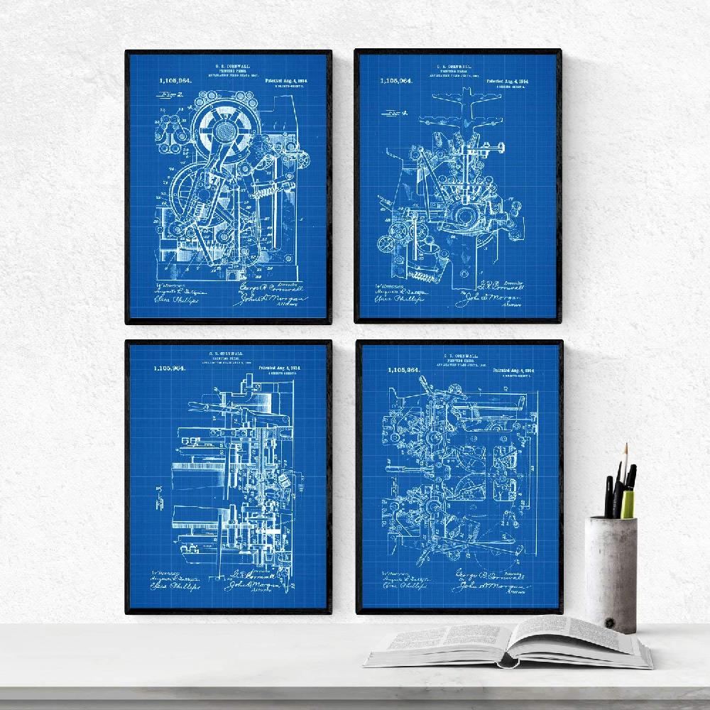 Nacnic Pack De 4 Láminas Azul De Patentes De Imprentas Antiguas