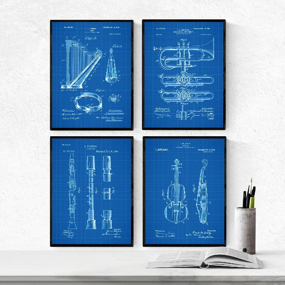 nacnic Pack de 4 láminas Azul de Patentes de Instrumentos Musicales Nacnic
