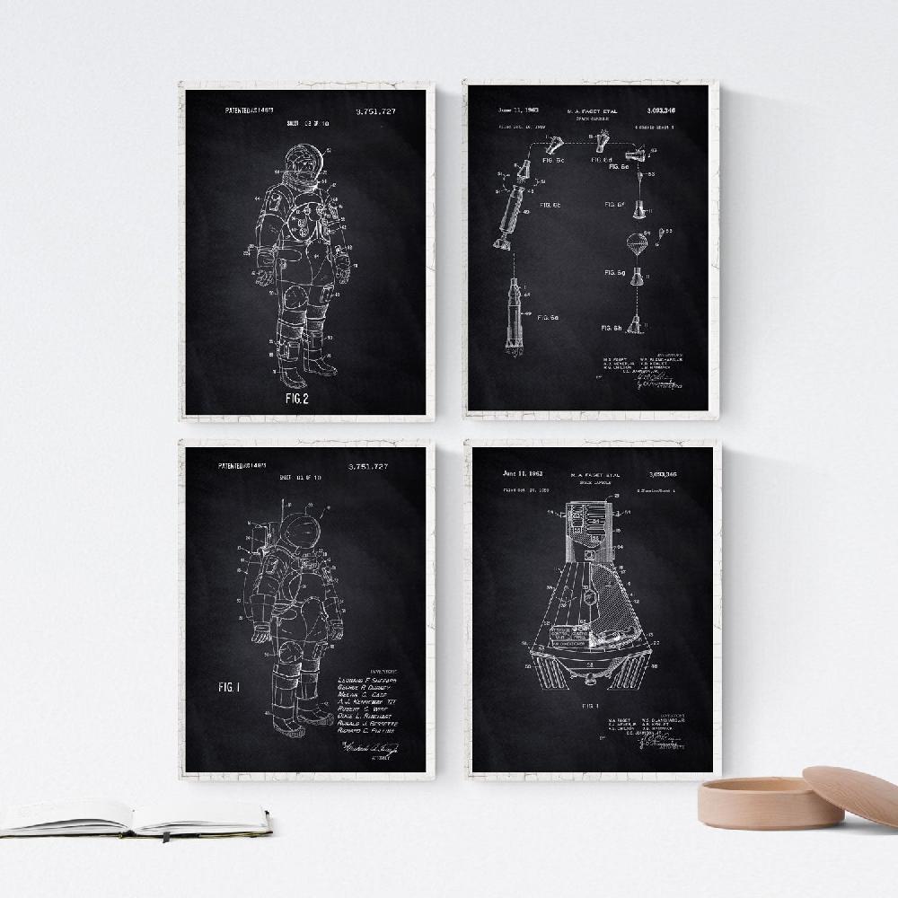 nacnic Pack de 4 Láminas de Patentes de Astronautas Negras