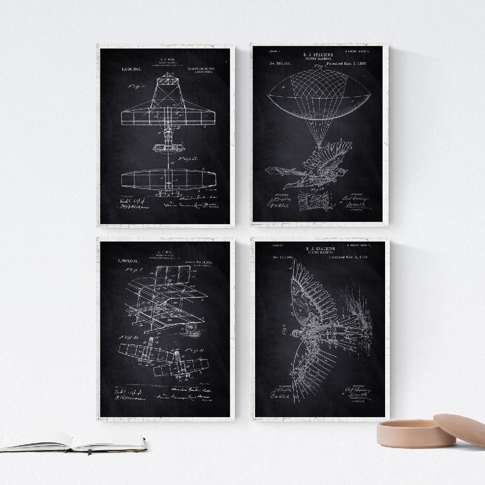 nacnic Pack de 4 Láminas de Patentes de Aviones Antiguas en Negro