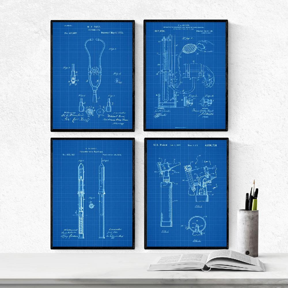 nacnic Pack de 4 Láminas de Patentes de Equipamiento Medico Antiguas - Azul