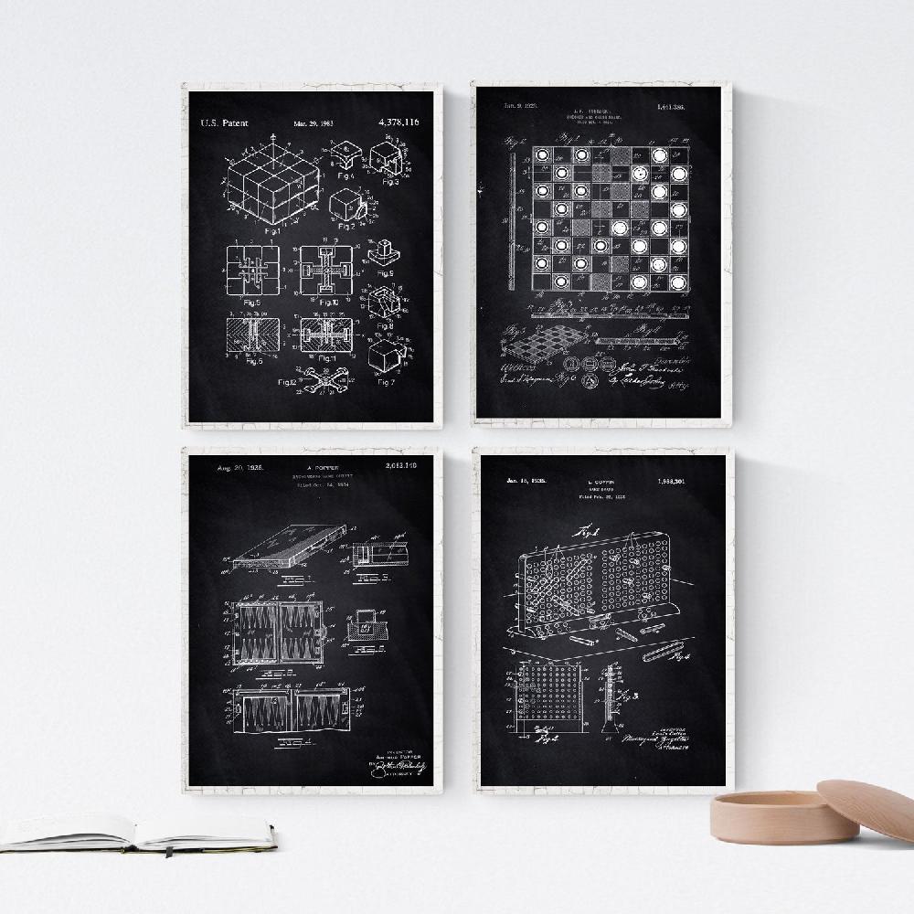 nacnic Pack de 4 Láminas de Patentes de Juegos de Mesa Antiguos en Negro