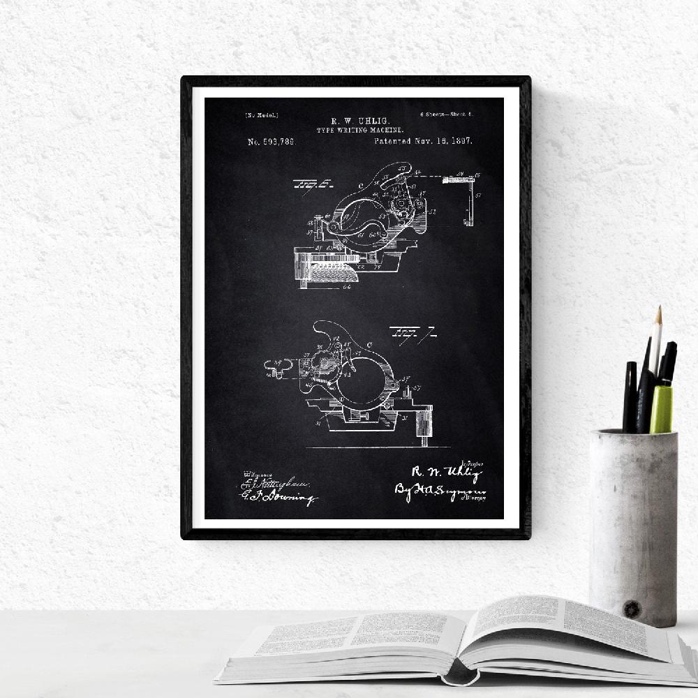 Nacnic Pack De 4 Láminas De Patentes De Máquinas De Escribir Antiguas En Negro